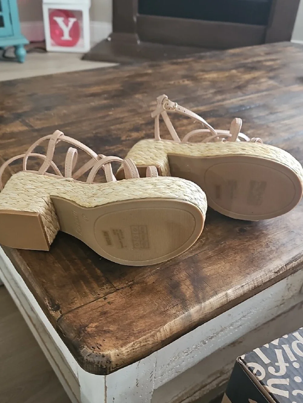 BAMBOO Blush Rose Gold Woven Platform Sandals